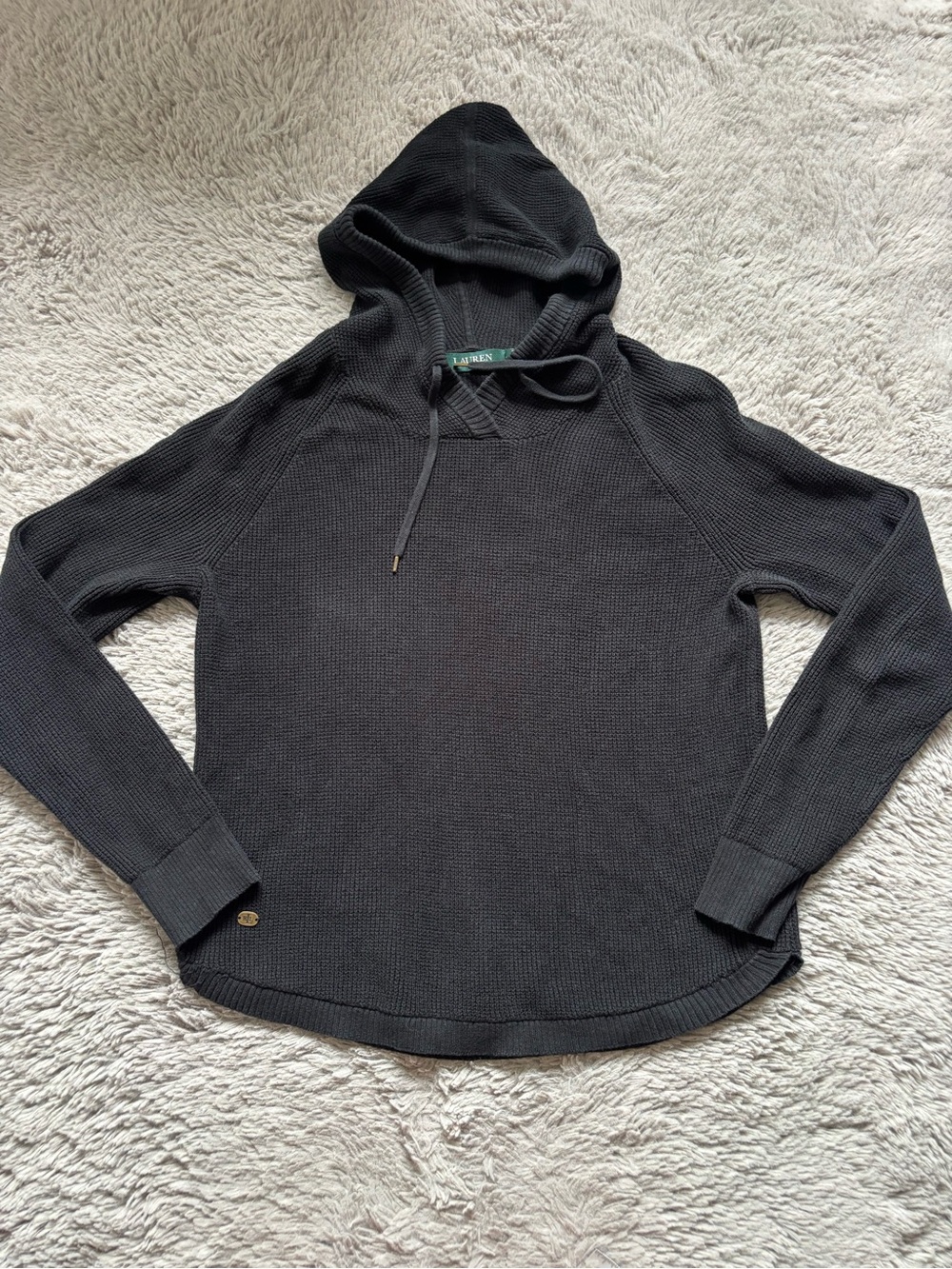 Ralph Lauren Black Crewneck waffle Knit Hoodie 100% cotton size Medium